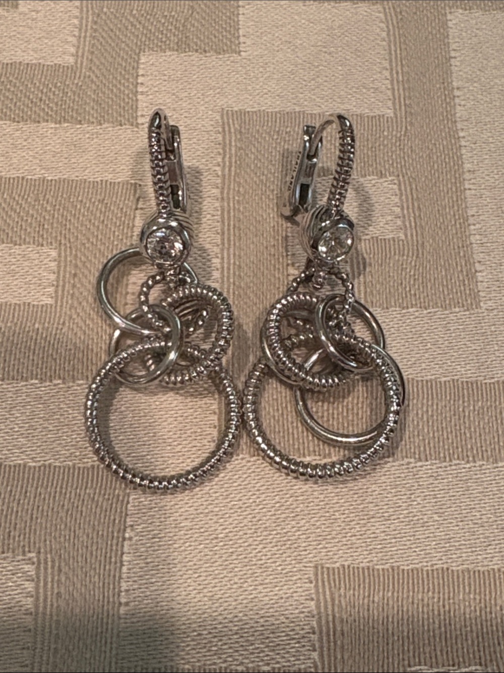 EUC Judith Ripka Sterling Silver Multi-Ring Drop Earrings with Faux Diamond